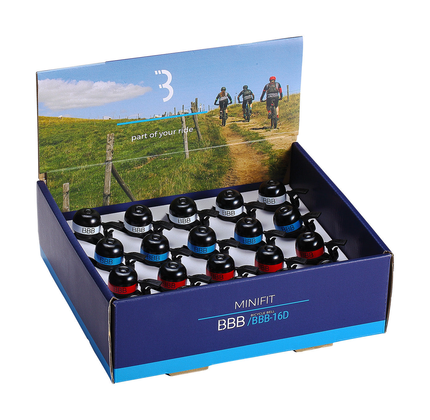 BBB-16D - MiniFit Bell Display Box (×20, Blk, Blu, Rd, Grn)