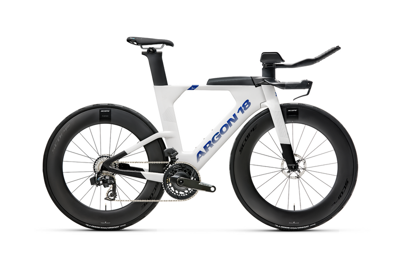 Argon 18 E-119 Tri+ Disc – Titanium White / Purple Shift Gloss (shown as complete bike)