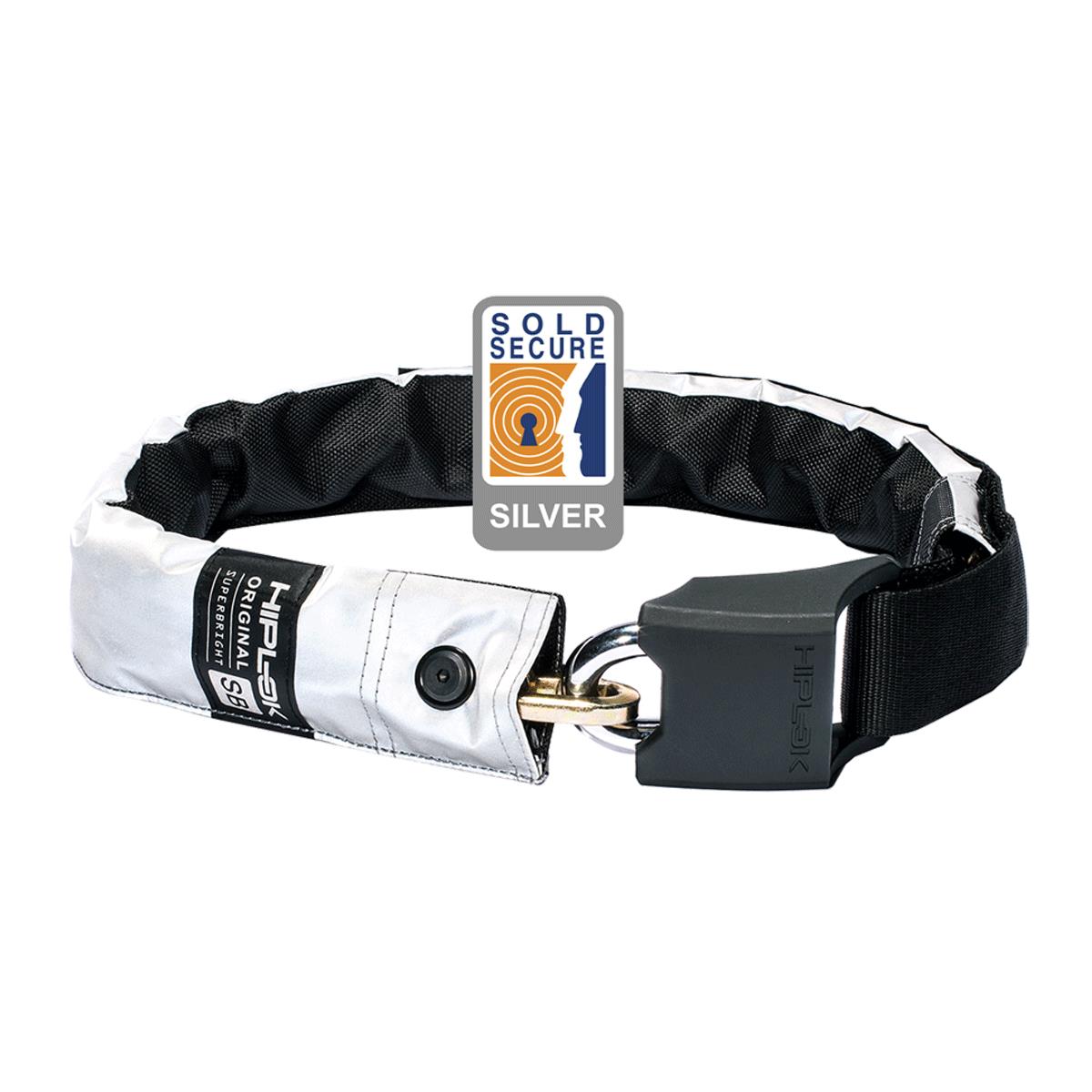 Hiplok ORIGINAL V1.5 Wearable Chain Lock 8mm x 90cm - waist 24-44 inches (Silver Sold Secure) High Visibility - Super Bright